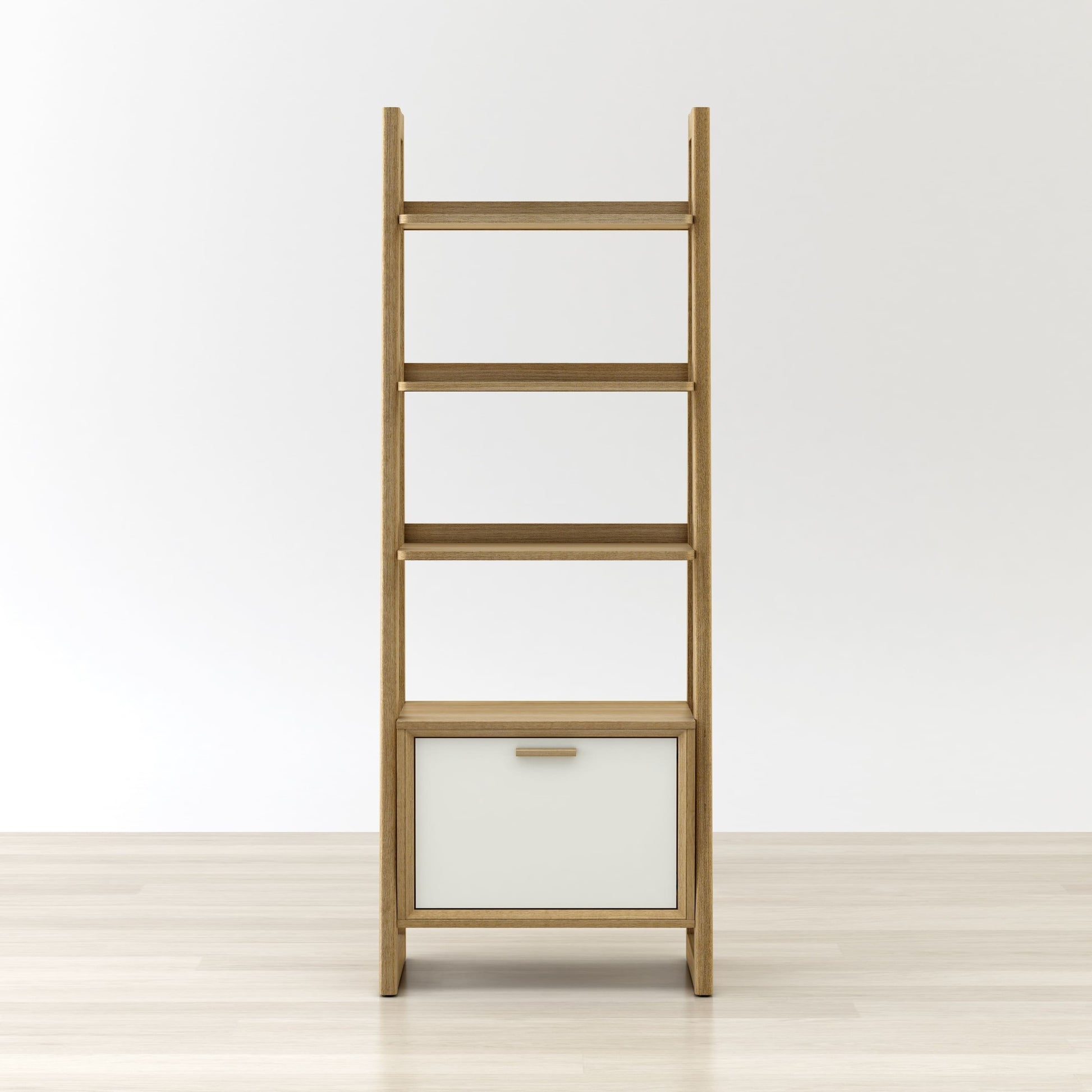Wooden ladder shelf with a white drawer on a light wooden floor and white wall background