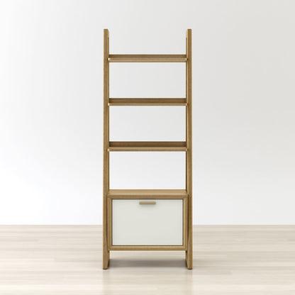 Wooden ladder shelf with a white drawer on a light wooden floor and white wall background
