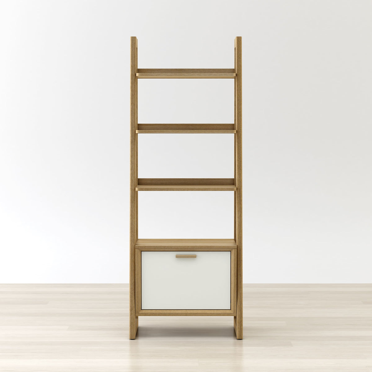 Wooden ladder shelf with a white drawer on a light wooden floor and white wall background