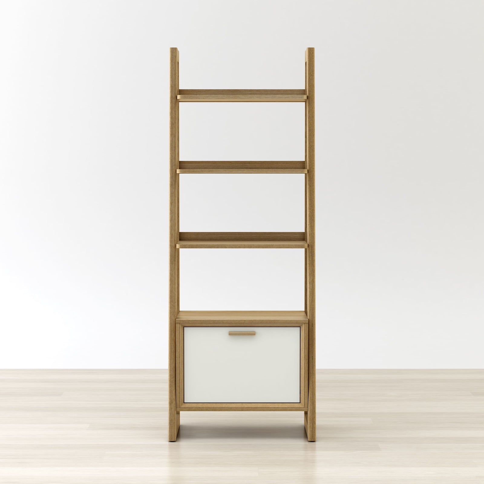 Wooden ladder shelf with a white drawer on a light wooden floor and white wall background