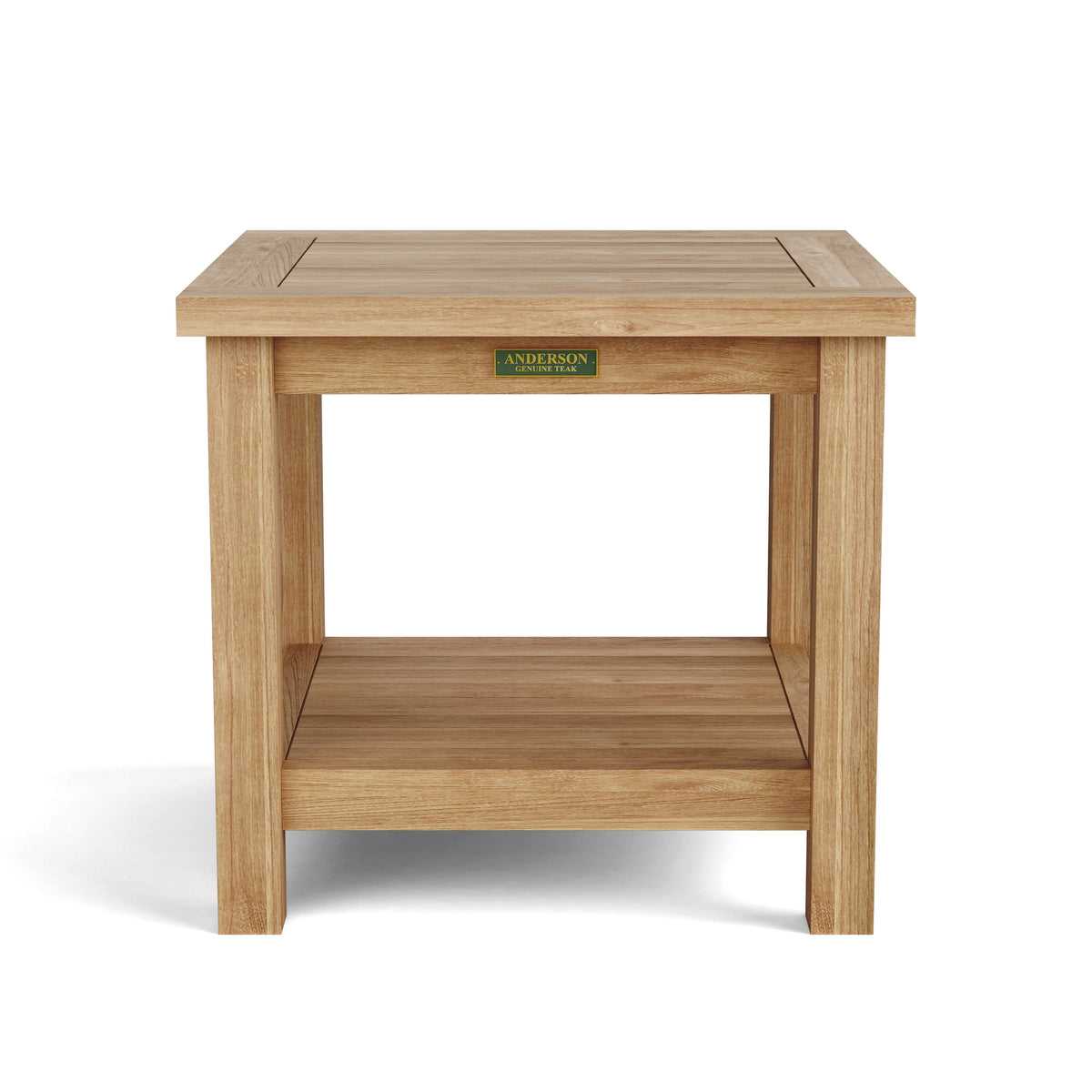 Wooden side table with a brand label on a white background