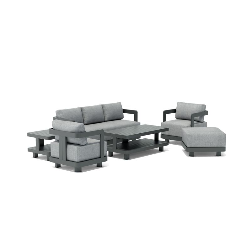 Gray outdoor furniture set with sofa, chairs, and ottoman on a white background