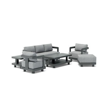 Gray outdoor furniture set with sofa, chairs, and ottoman on a white background
