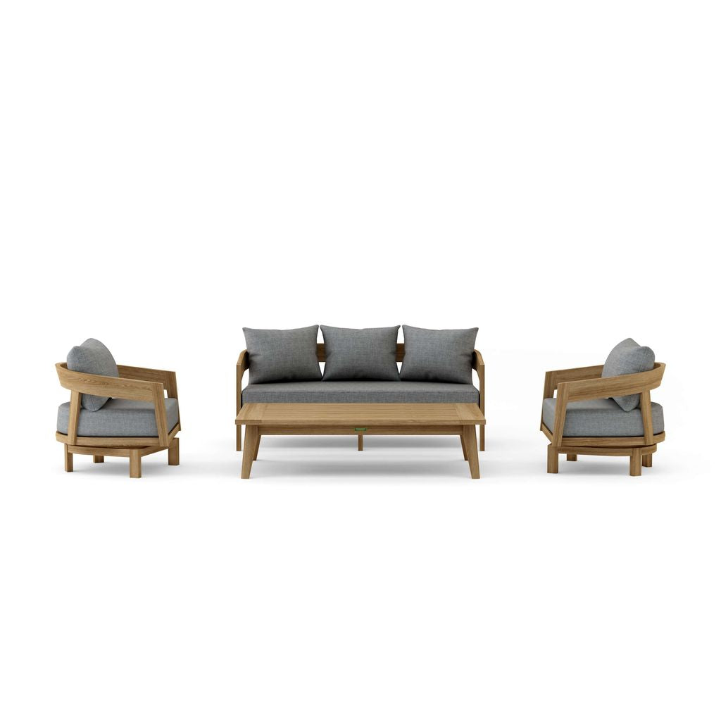 Outdoor furniture set with wooden frames and gray cushions on a white background