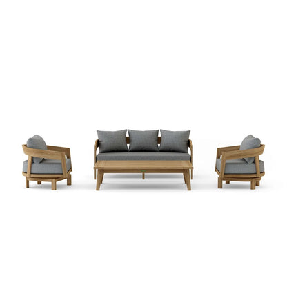 Outdoor furniture set with wooden frames and gray cushions on a white background