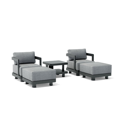 Gray outdoor furniture set with two chairs and a small table on a white background