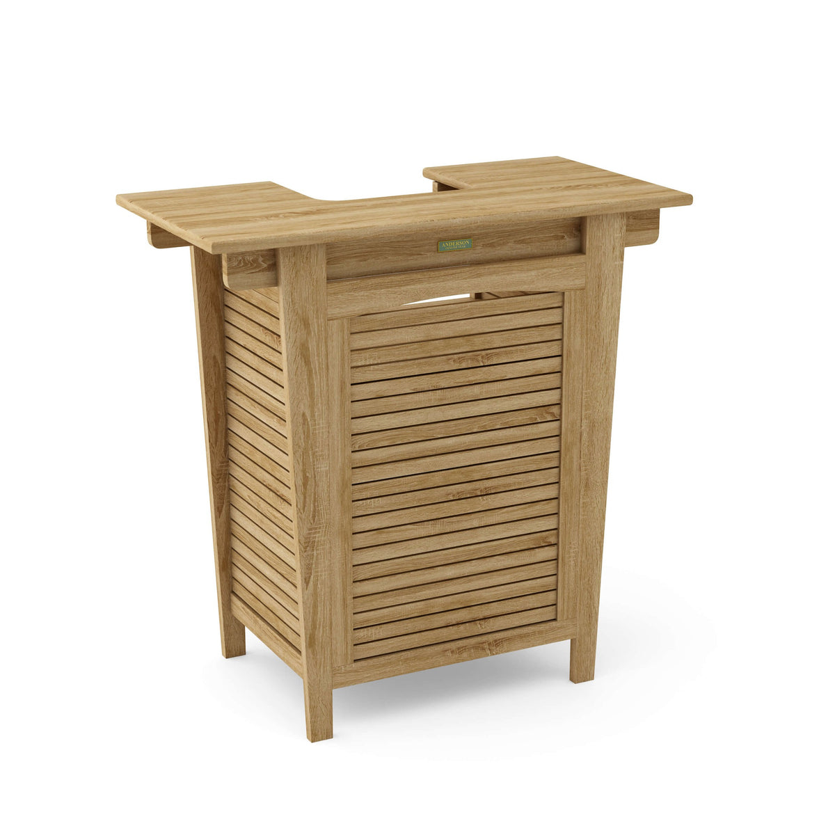 Wooden outdoor side table with slatted design on a white background