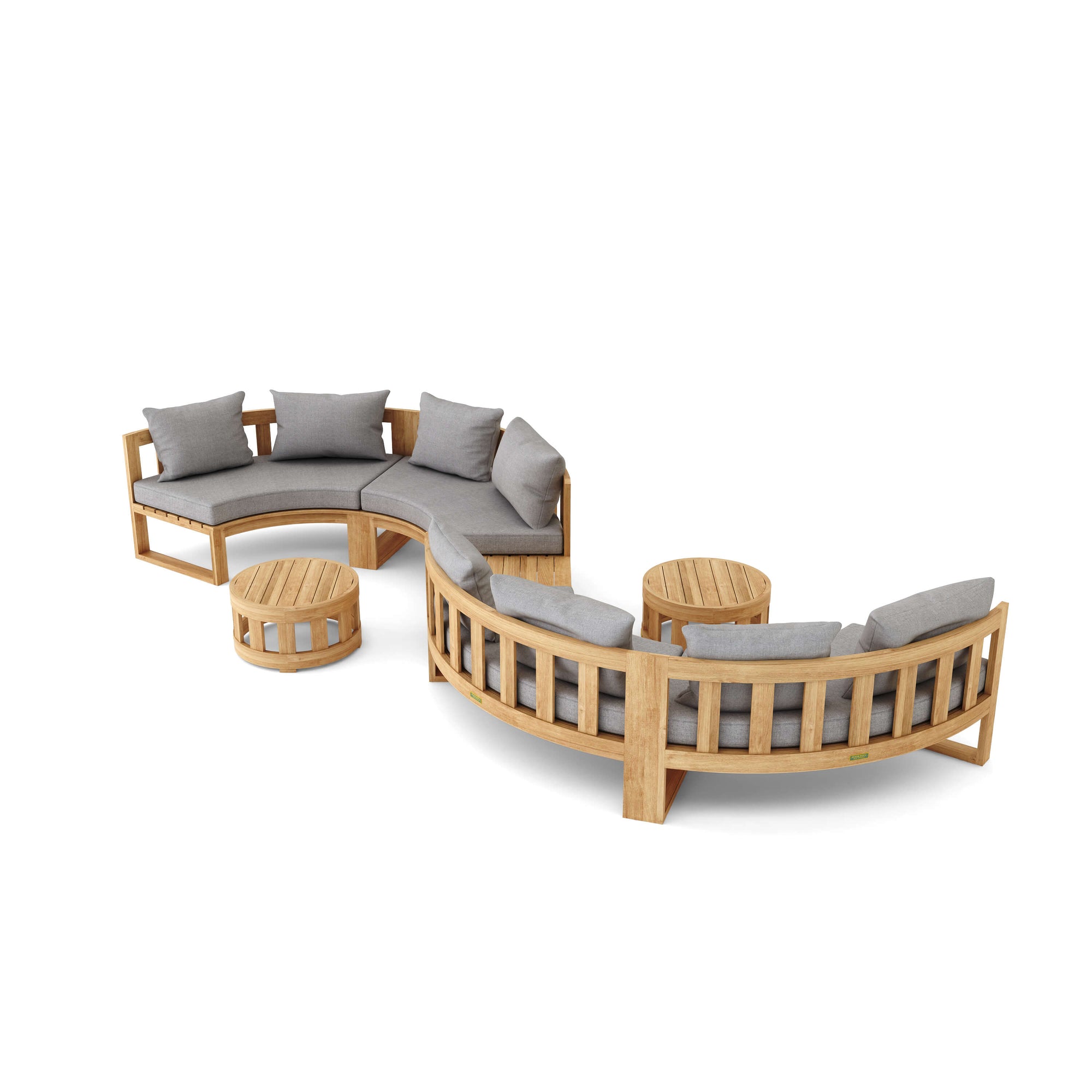 Wooden outdoor furniture set with curved sectional and round ottomans on a white background