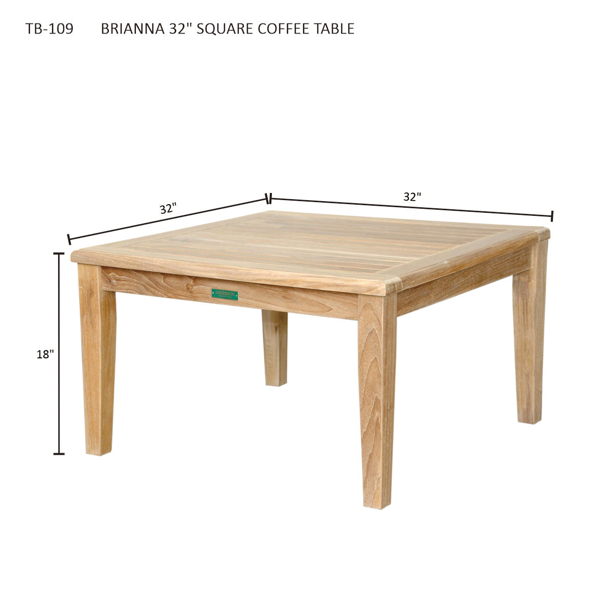 Wooden square coffee table with dimensions on a white background