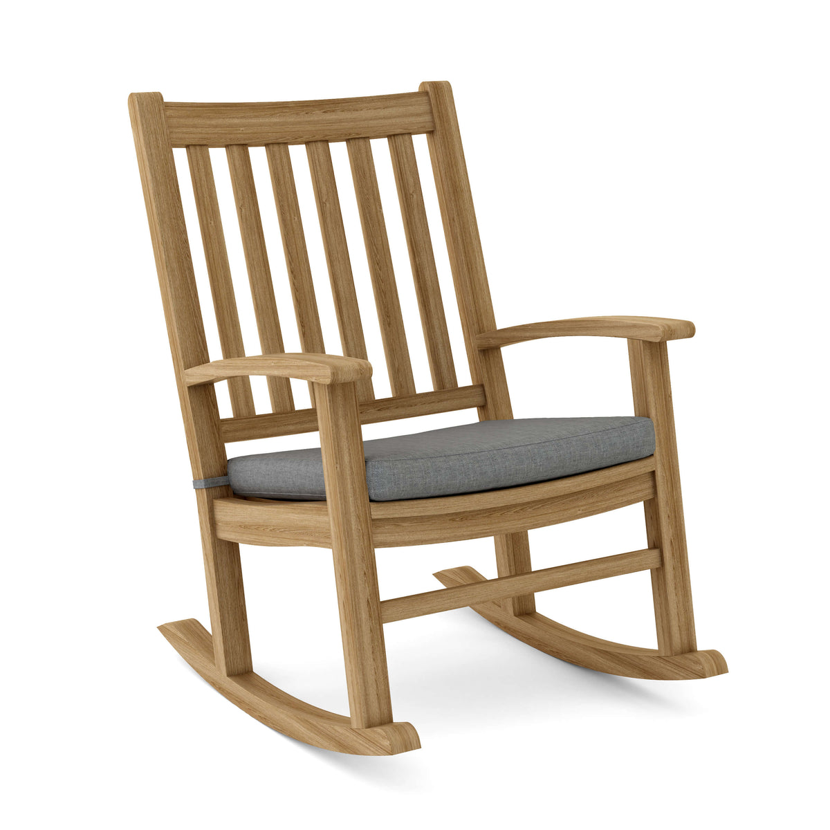 Wooden rocking chair with a gray cushion on a white background