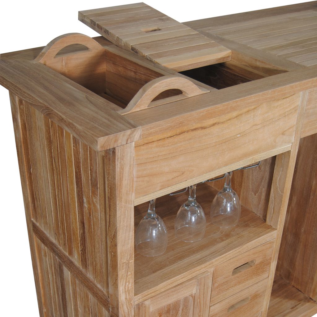 Wooden bar cart with storage compartments and wine glass holders.