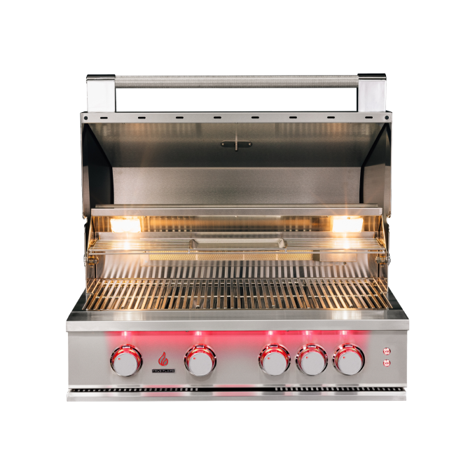 TrueFlame 32-Inch Built-In Gas Grill with Backlit LED Front Panel, Multi-Position Hood and Rotisserie Kit, Natural Gas or Liquid Propane - TF32