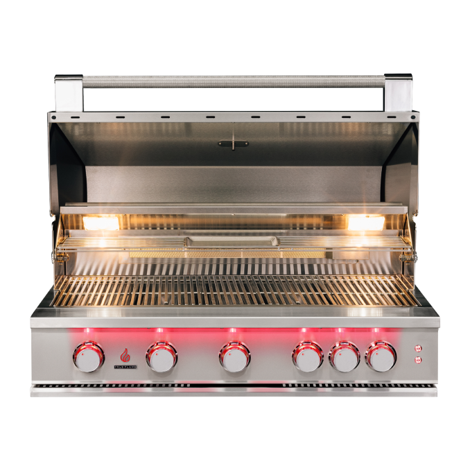 TrueFlame 40-Inch Built-In Gas Grill with Backlit LED Front Panel, Multi-Position Hood and Rotisserie Kit, Natural Gas or Liquid Propane - TF40