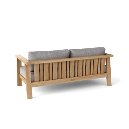 Wooden outdoor sofa with gray cushions on a white background