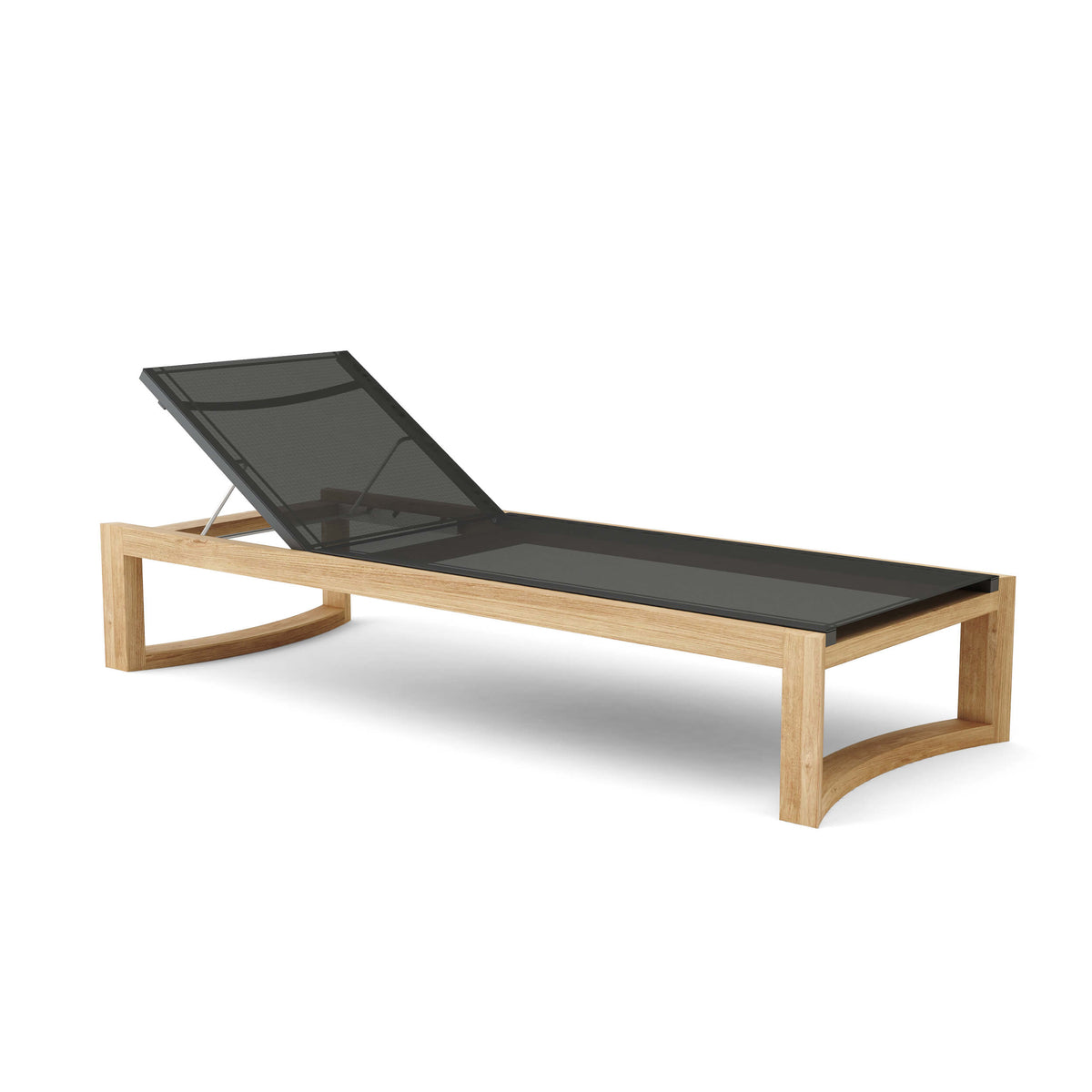 Wooden sun lounger with black mesh seat on a white background