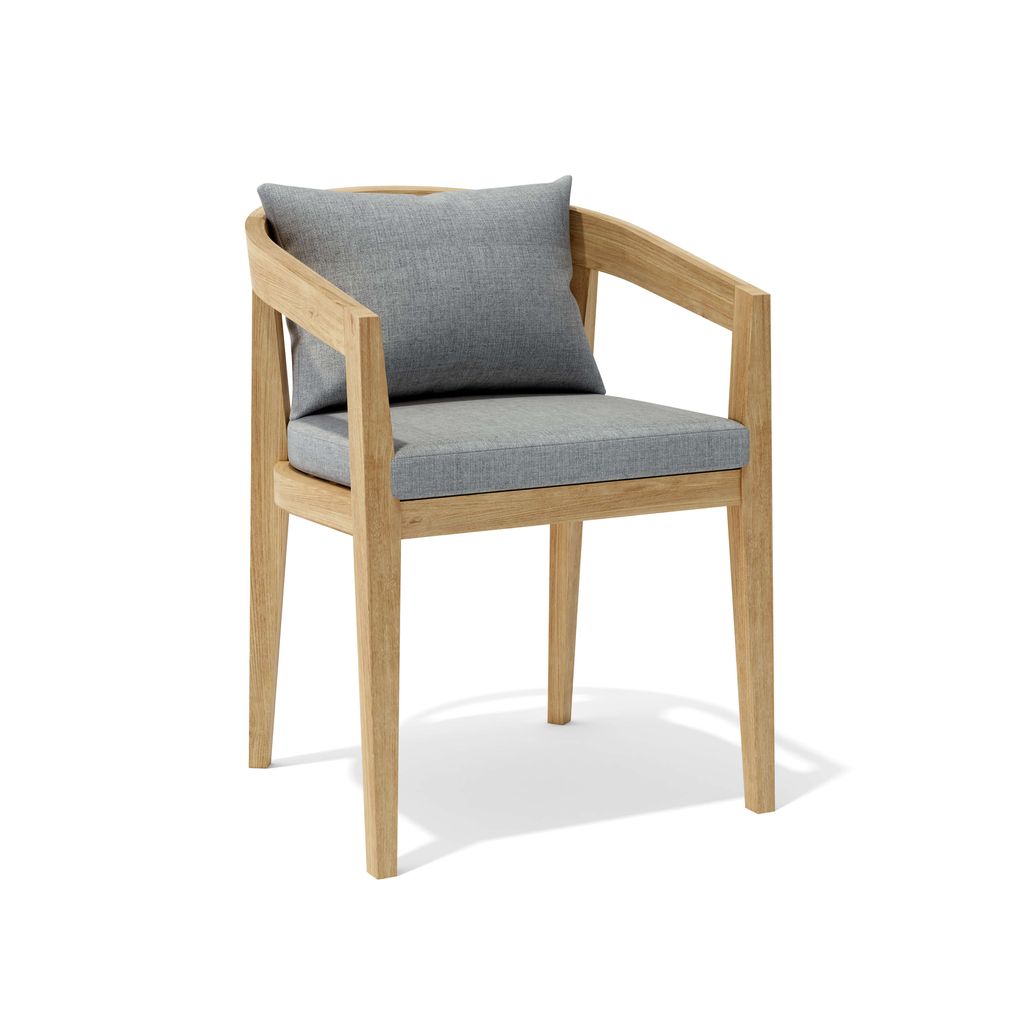 Wooden chair with gray cushions on a white background