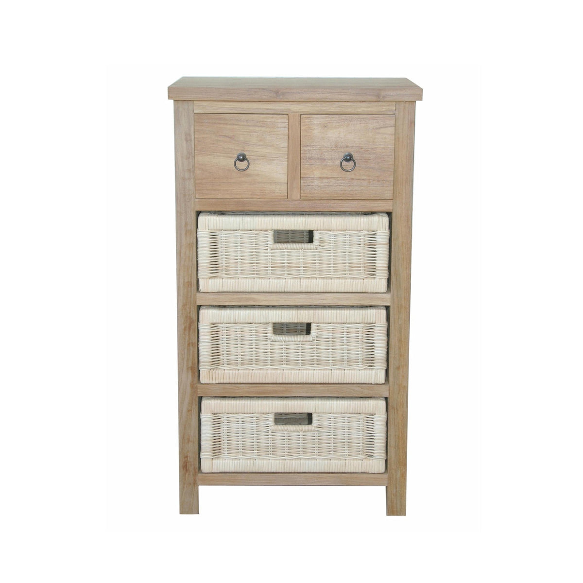Wooden cabinet with three wicker baskets on a white background