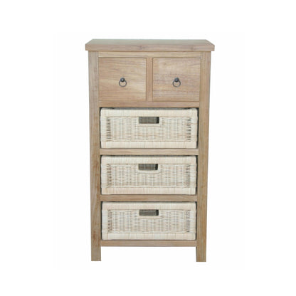 Wooden cabinet with three wicker baskets on a white background