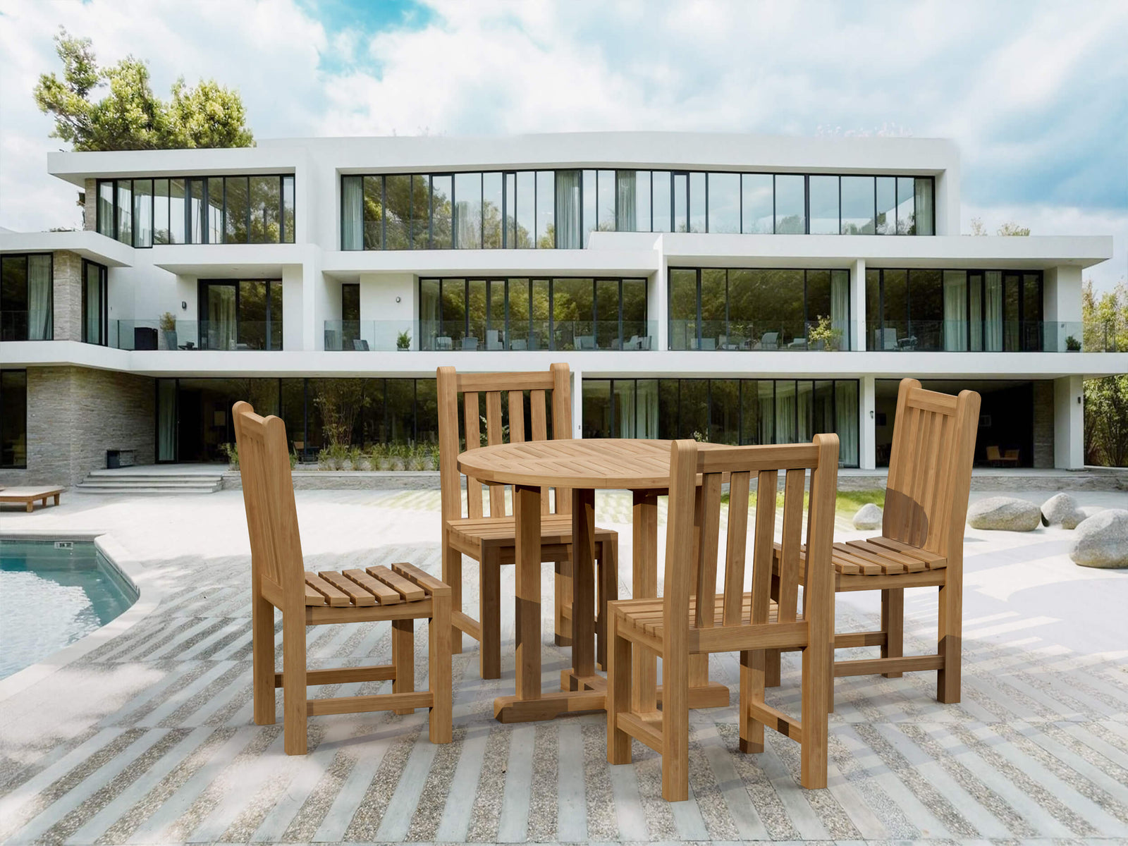 Wooden outdoor dining set with chairs on a patio in front of a modern building.
