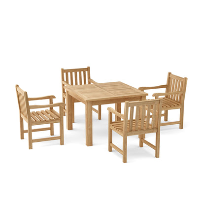 Wooden outdoor furniture set with a square table and four chairs on a white background