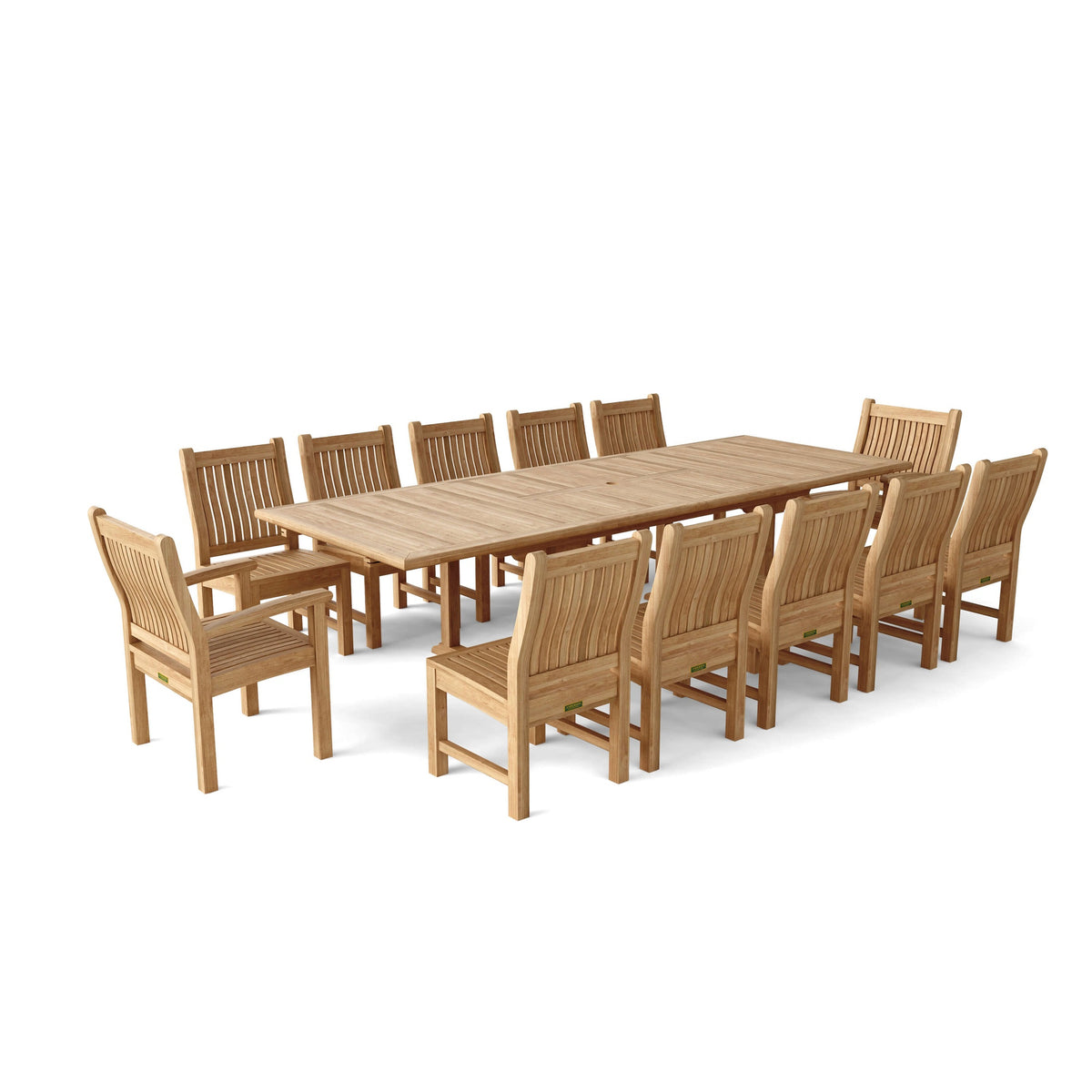 Wooden outdoor dining table with chairs on a white background