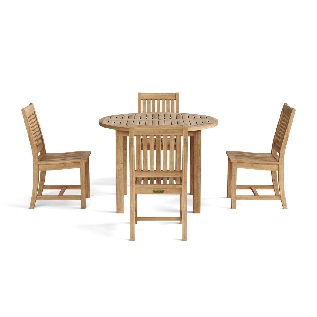 Wooden dining set with a round table and four chairs on a white background