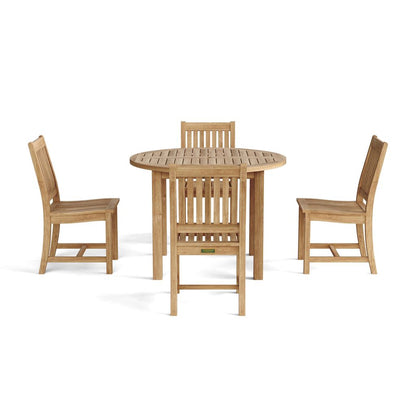 Wooden dining set with a round table and four chairs on a white background