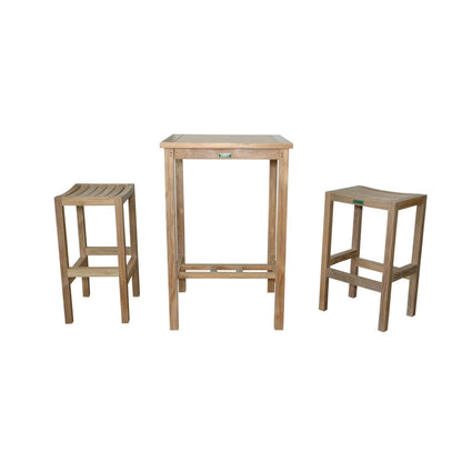 Set of wooden bar stools and a small table on a white background