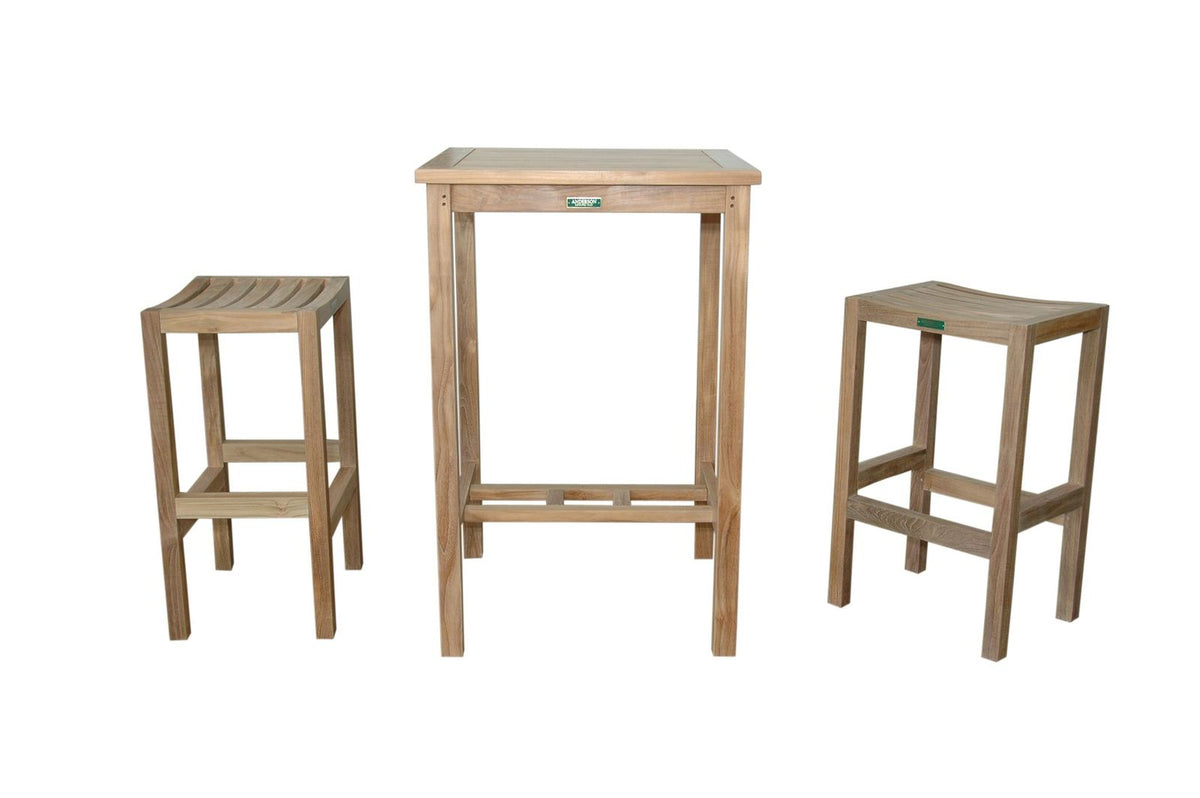 Set of wooden bar stools and a small table on a white background