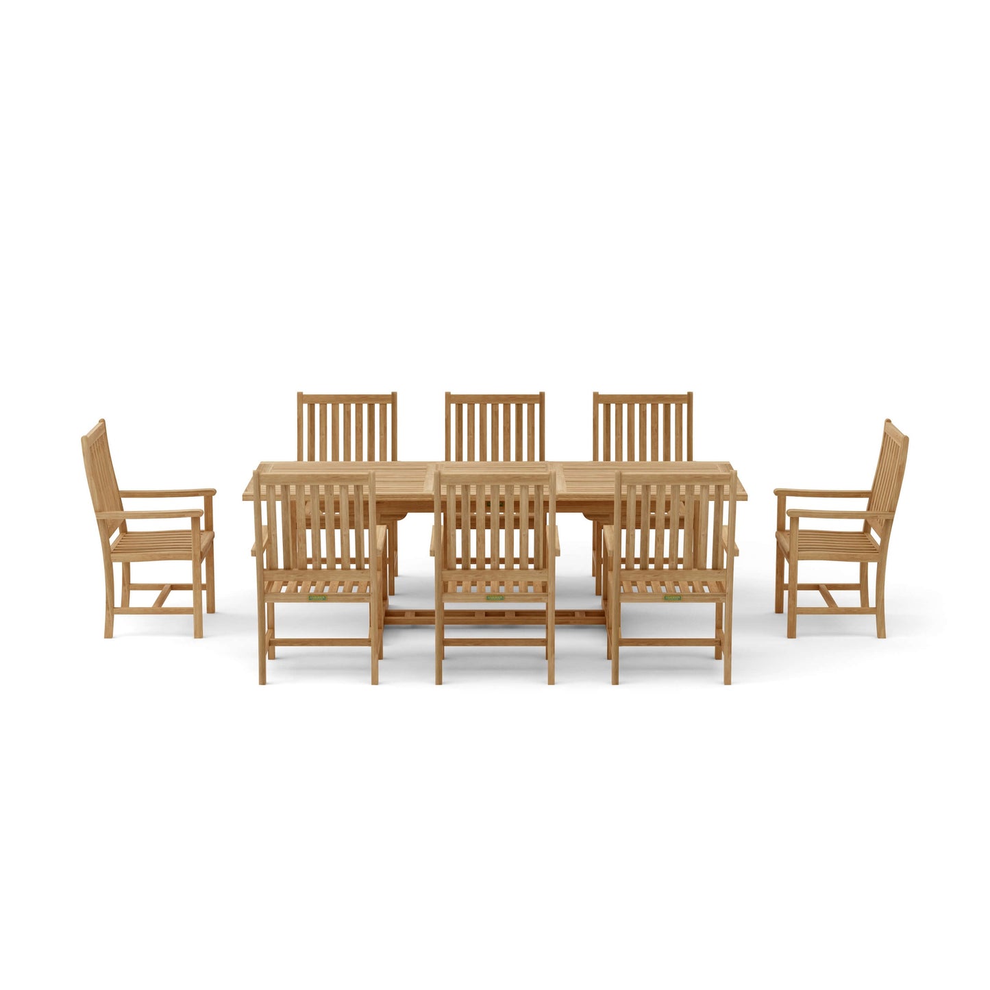 Wooden dining set with a table and six chairs on a white background