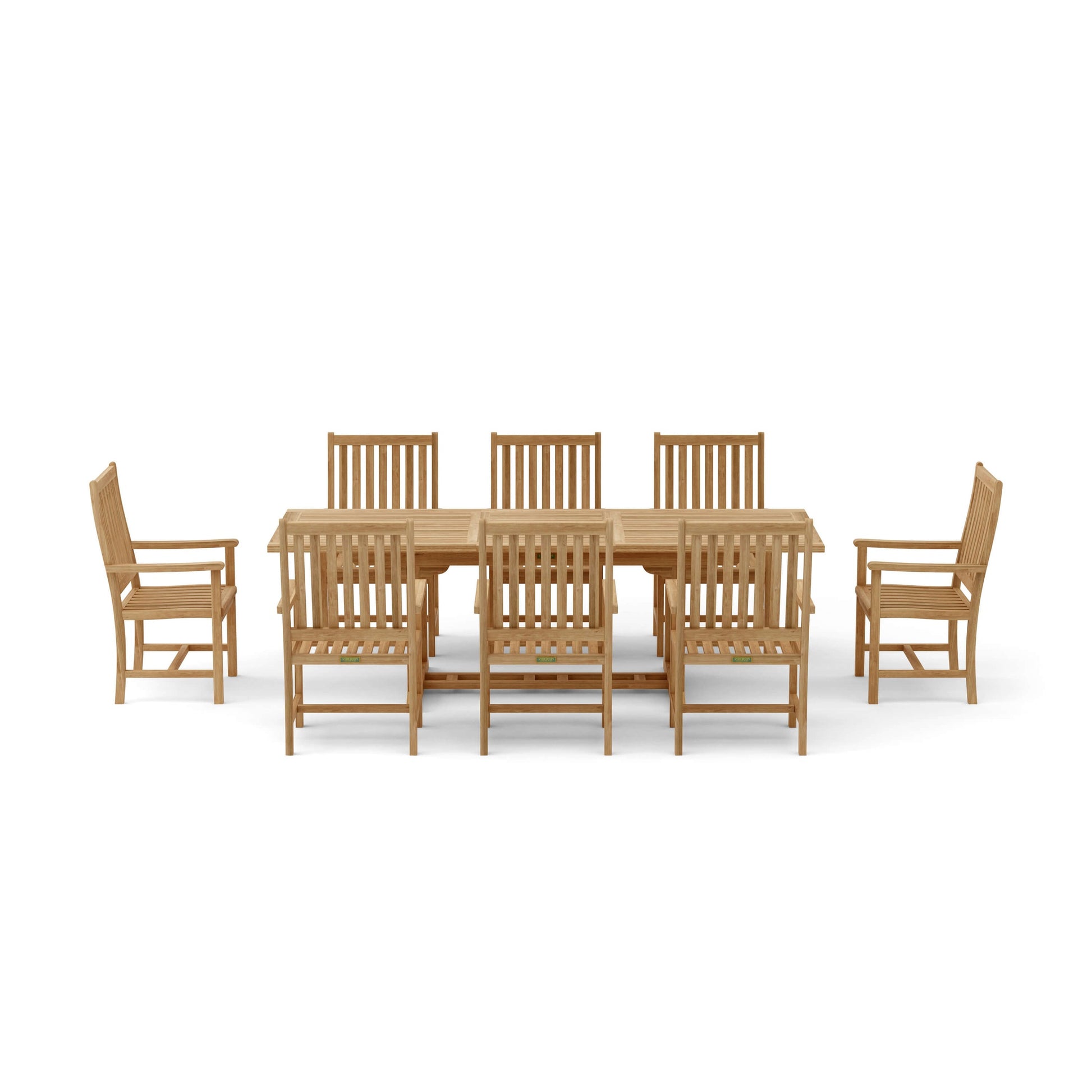 Wooden dining set with a table and six chairs on a white background