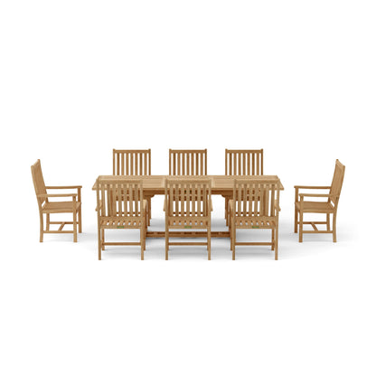 Wooden dining set with a table and six chairs on a white background