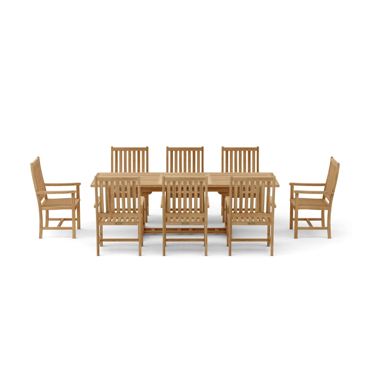Wooden dining set with a table and six chairs on a white background