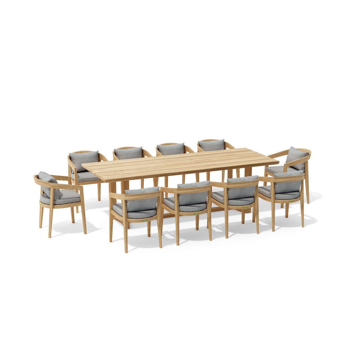 Wooden outdoor dining table with chairs on a white background