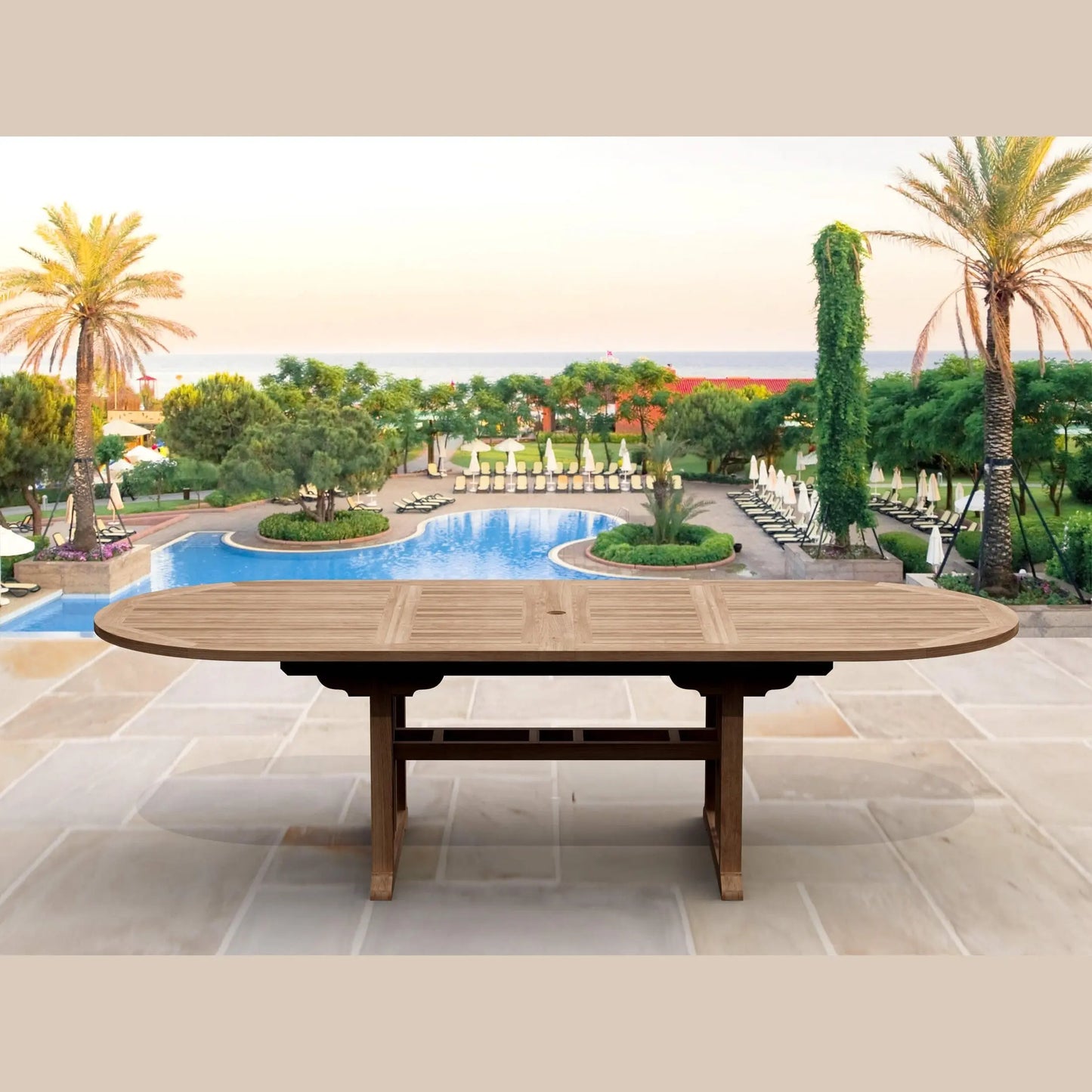 Wooden outdoor table with a scenic pool and palm tree background