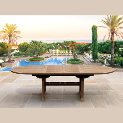Wooden outdoor table with a scenic pool and palm tree background