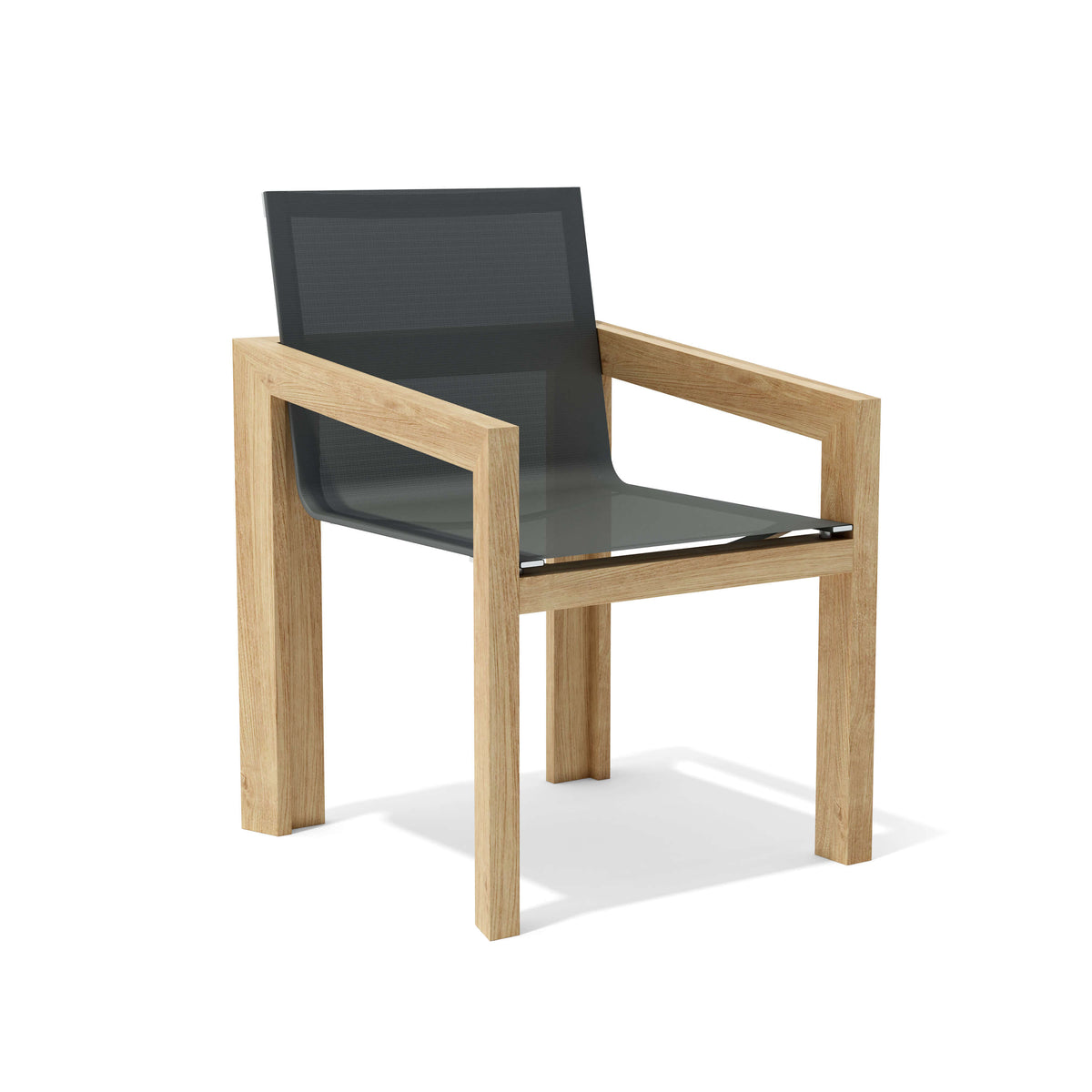 Chair with wooden frame and black mesh seat on a white background