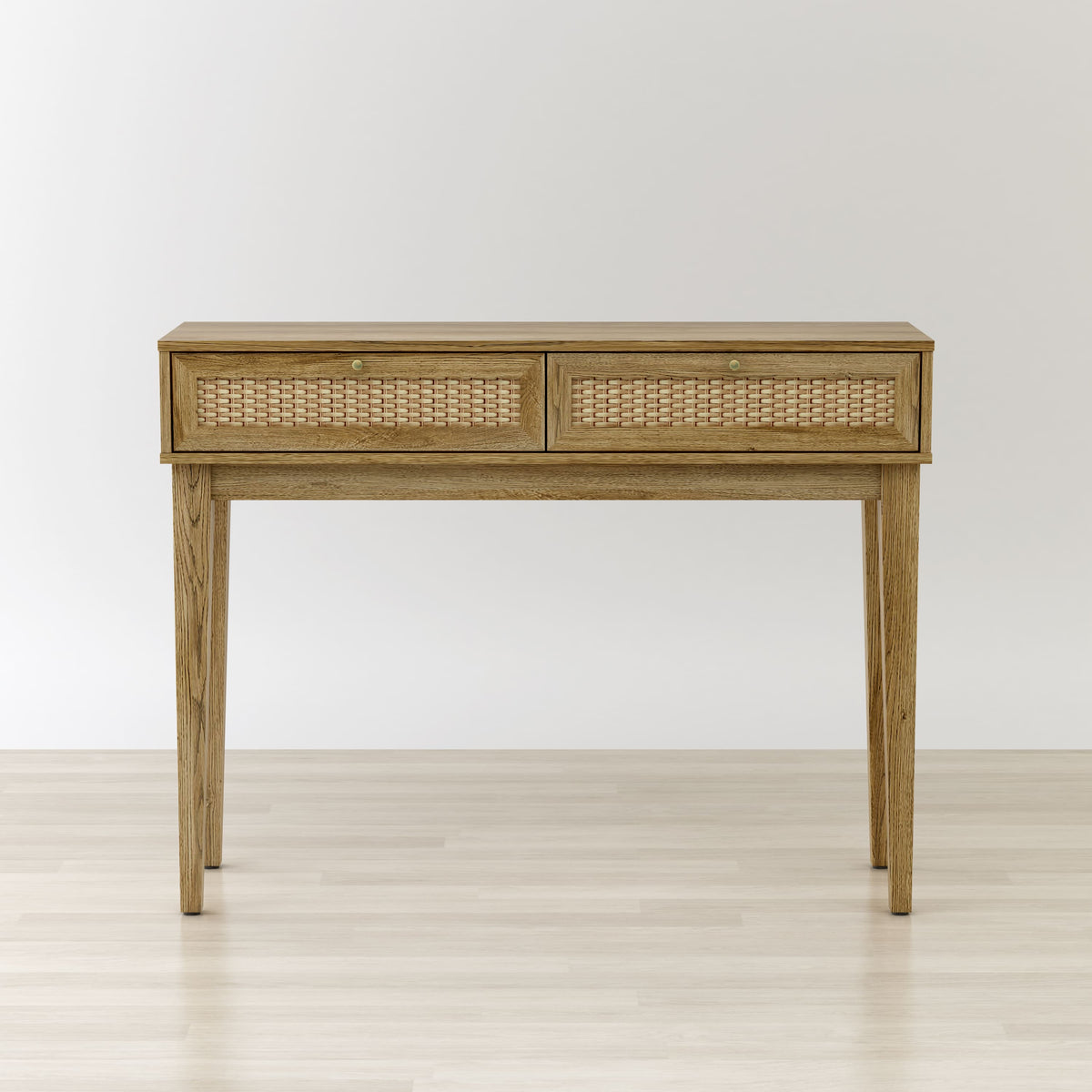 Wooden console table with wicker drawers on a white background