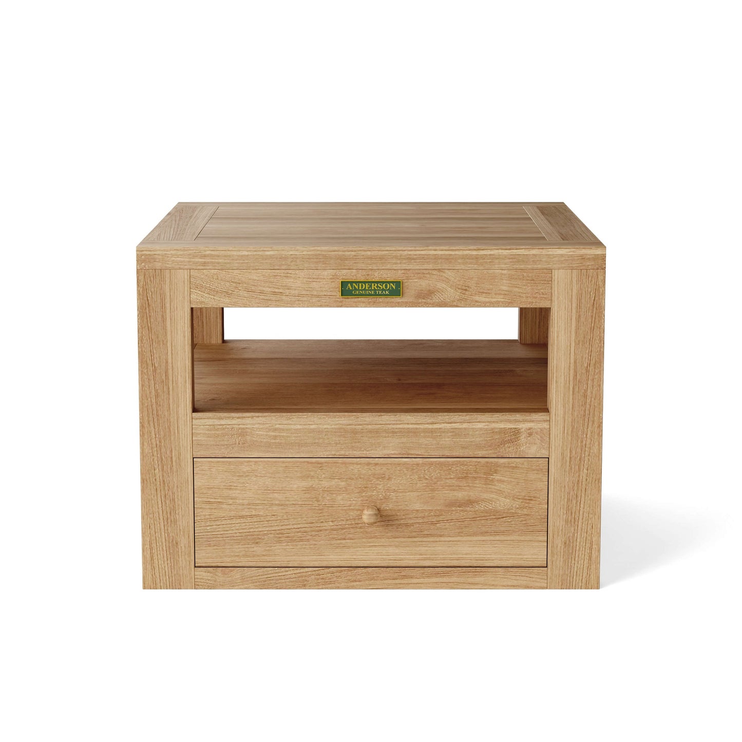 Wooden side table with a drawer and 'Anderson' brand label on a white background