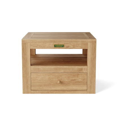 Wooden side table with a drawer and 'Anderson' brand label on a white background