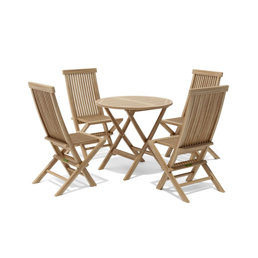 Wooden outdoor table and four chairs on a white background