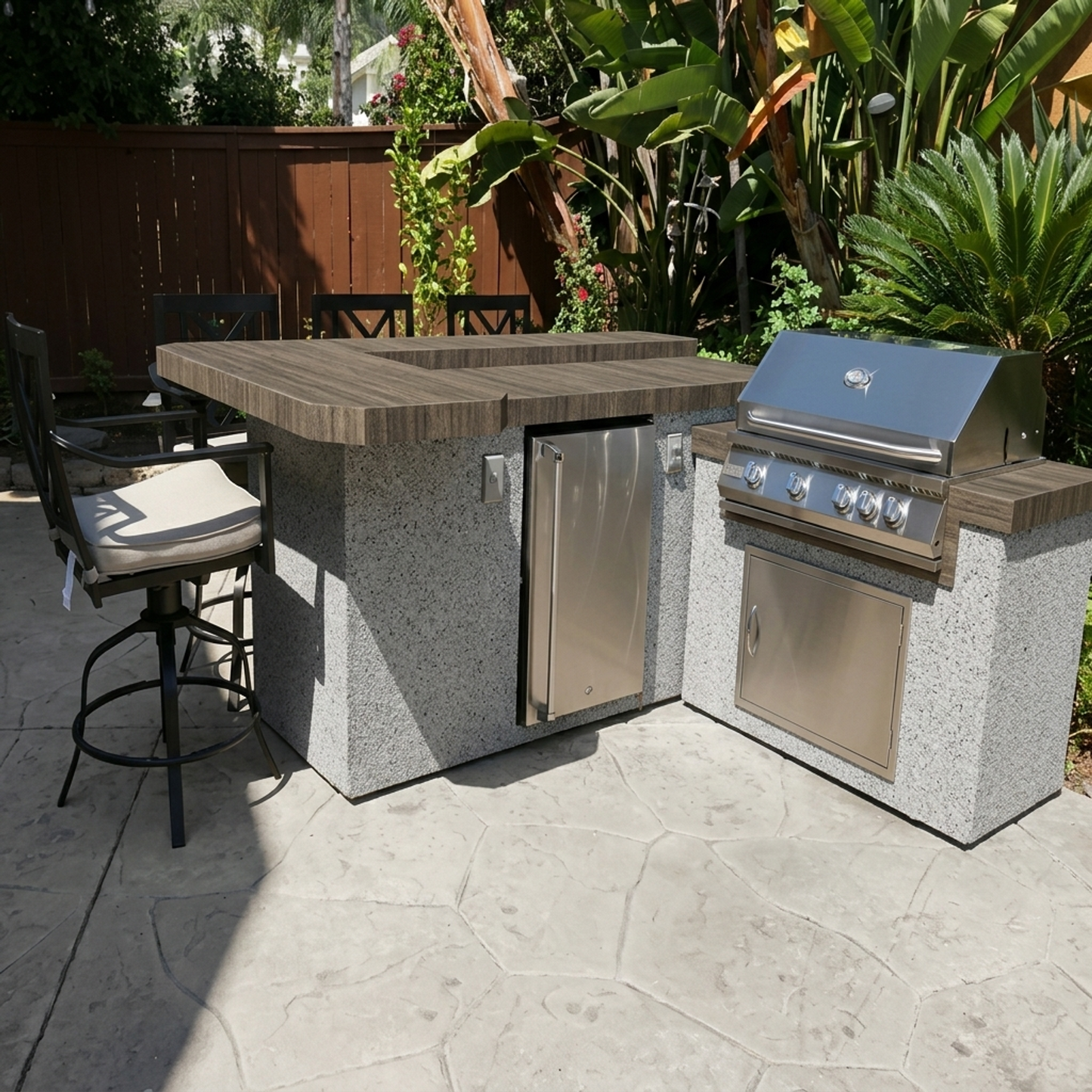 KoKoMo Grills 7 Ft L-Shape BBQ Island Bar Seating - Porcelain Story Brown Ameristone Stucco Champagne