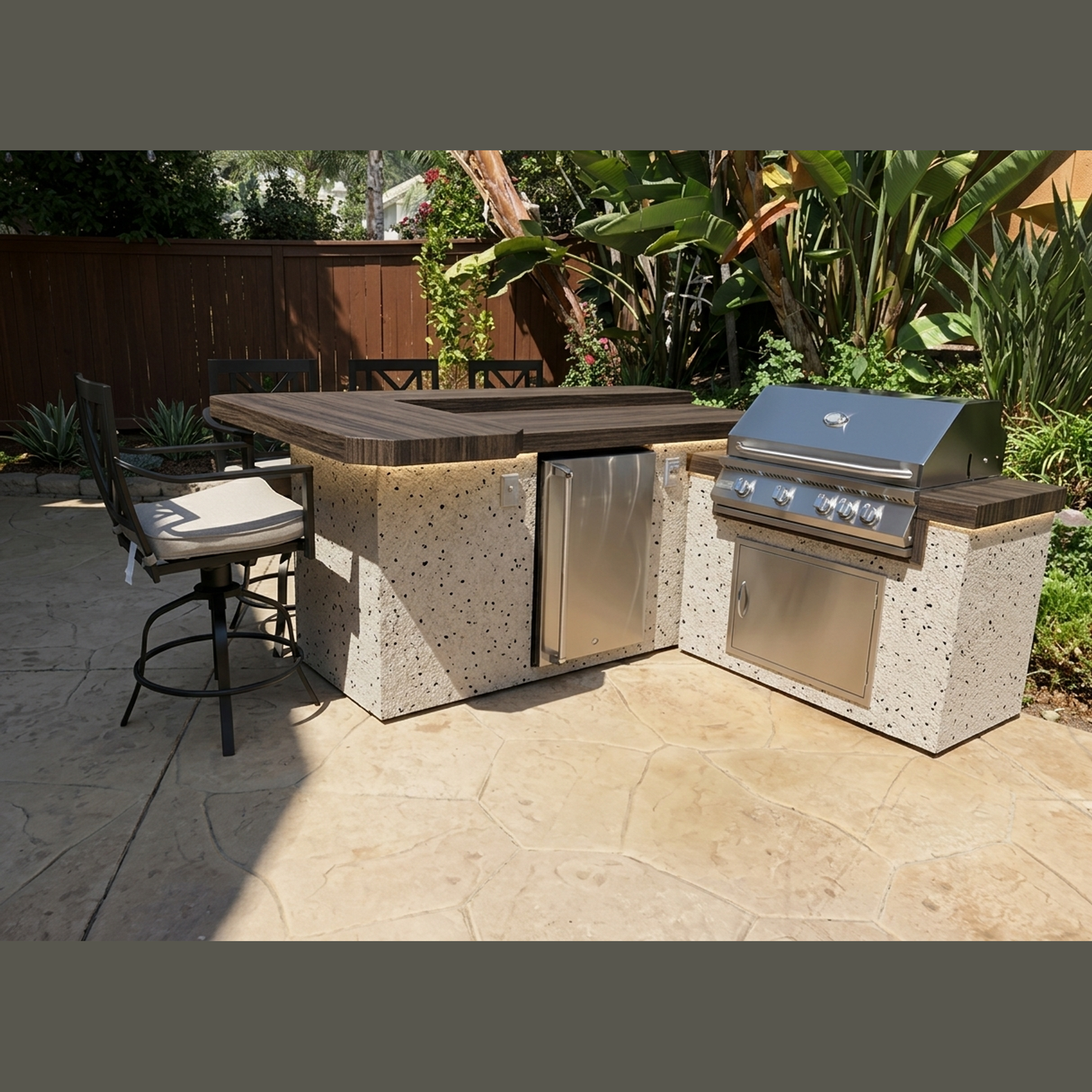 KoKoMo Grills 7 Ft L-Shape BBQ Island Bar Seating - Porcelain Story Brown Ameristone Stucco Pearl