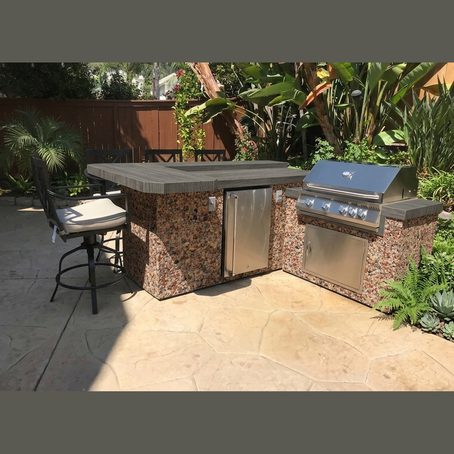 KoKoMo Grills 7 Ft L-Shape BBQ Island Bar Seating - Porcelain Story Brown Ameristone Stucco River