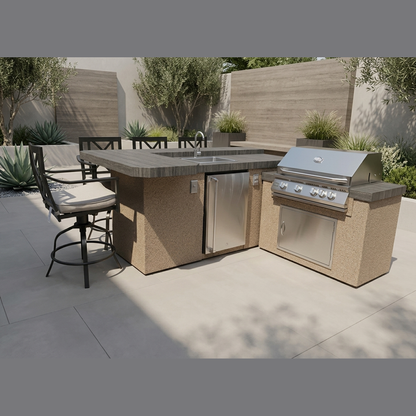 KoKoMo Grills 7 Ft L-Shape BBQ Island Bar Seating - Porcelain Story Brown Ameristone Stucco Stony