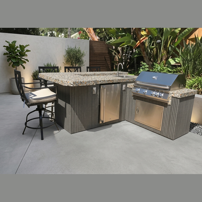 KoKoMo Grills 7 Ft L-Shape BBQ Island Bar Seating - Porcelain Story Brown Ameristone Stucco White