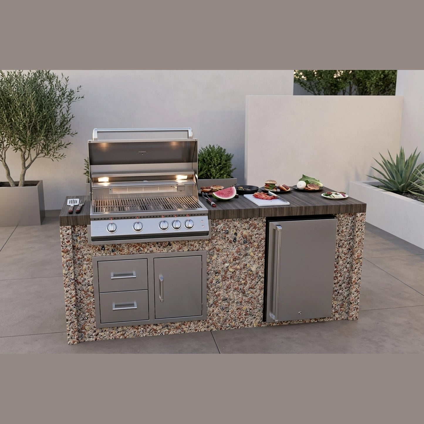 Kokomo Grills 7 Ft Outdoor Kitchen Grill Fridge Shiplap Waterfall Edge Countertops - full front view