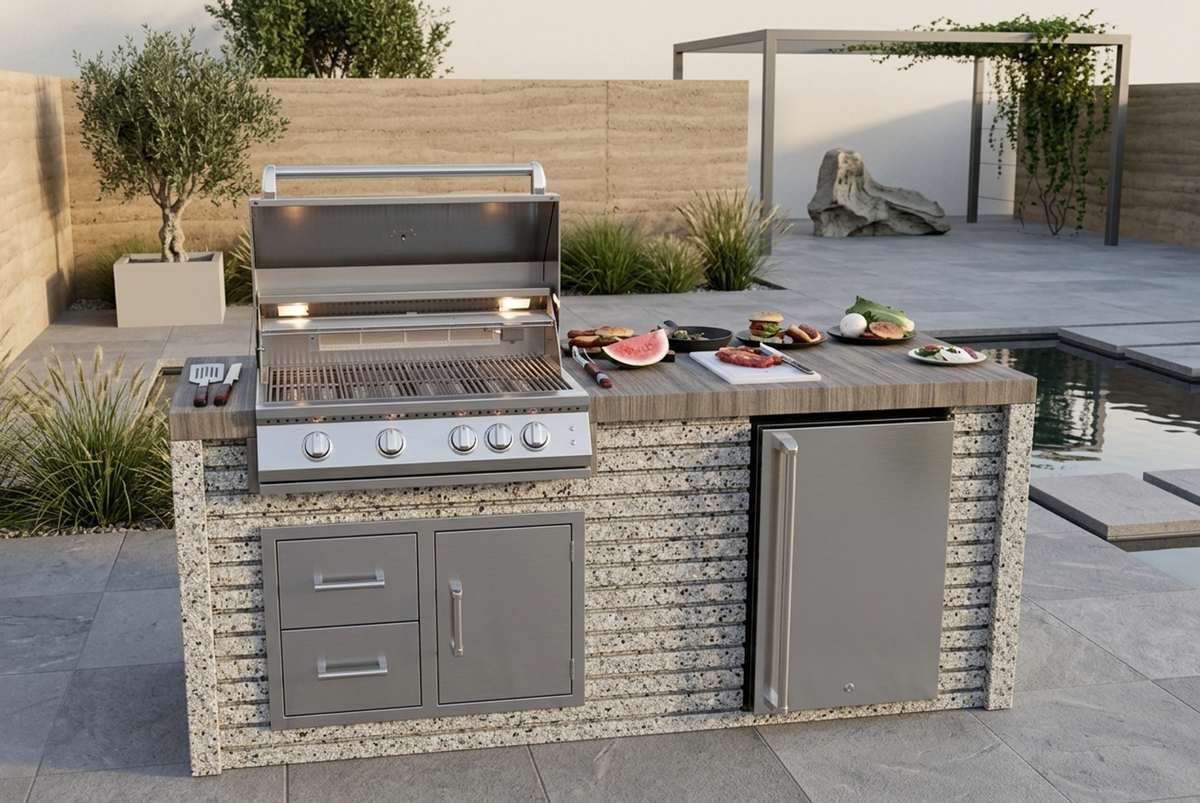 Kokomo Grills 7 Foot Outdoor Kitchen with Grill, Fridge, Shiplap and Waterfall Edge Countertops