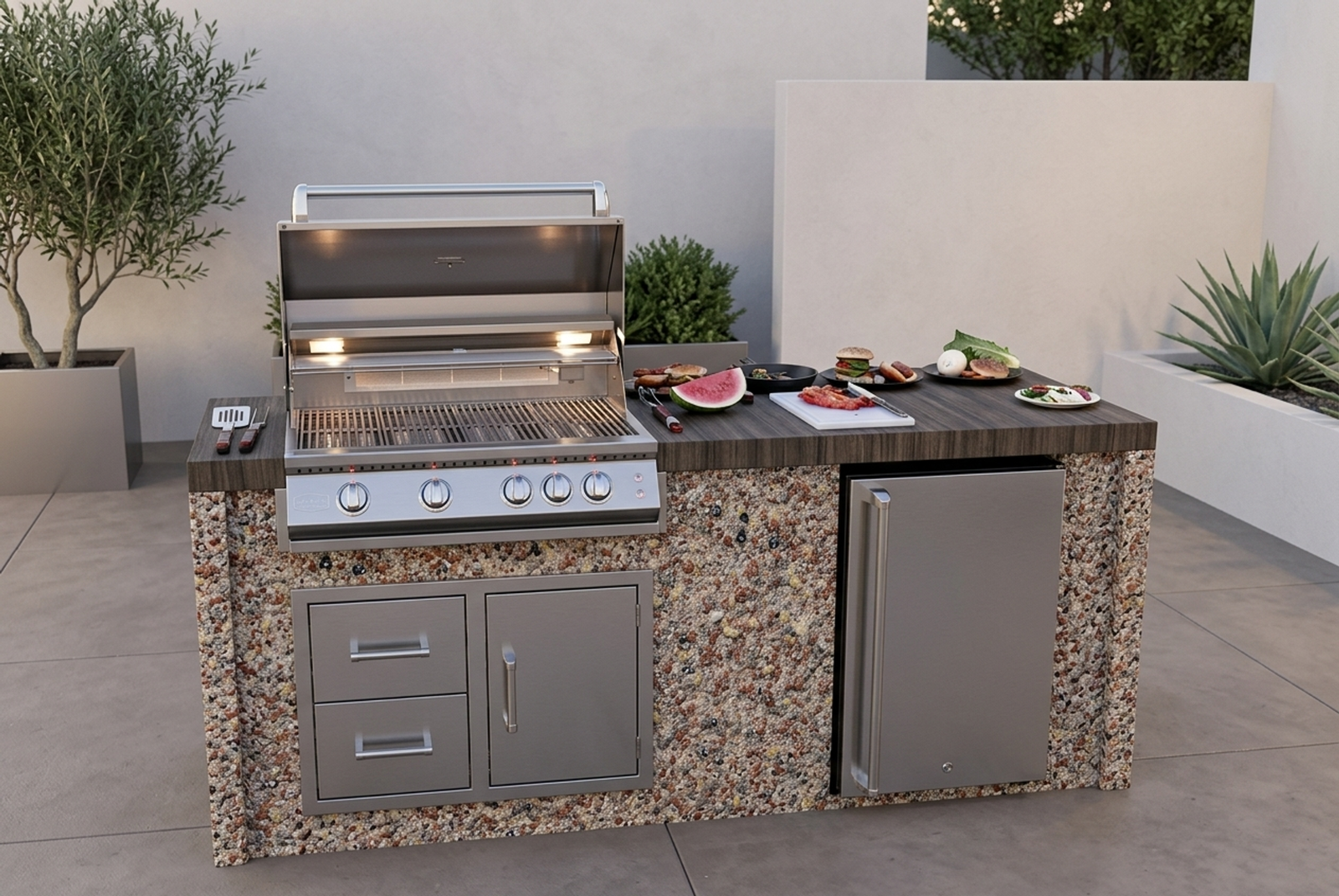 Kokomo Grills 7 Foot Outdoor Kitchen with Grill, Fridge, Shiplap and Waterfall Edge Countertops