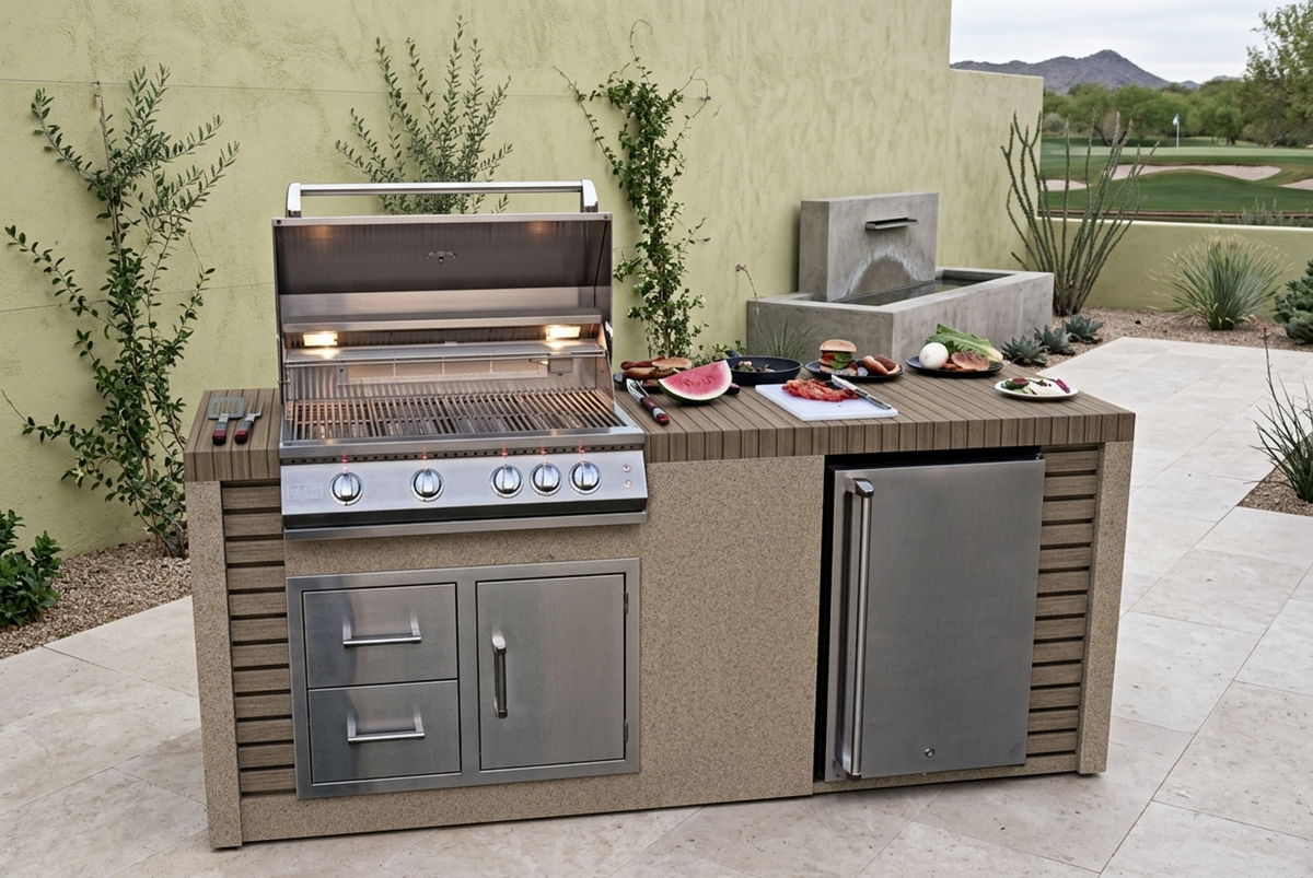 Kokomo Grills 7 Foot Outdoor Kitchen with Grill, Fridge, Shiplap and Waterfall Edge Countertops